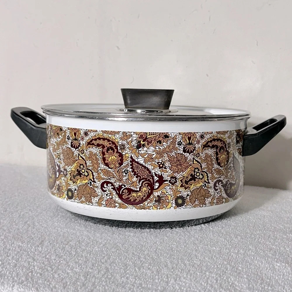 Vintage Enamelware Brown Fancipans Stew Pot With Lid Grannycore Cottagecore